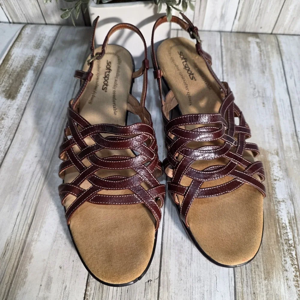 Softspots Womens Burgundy Brown Leather Strappy Wedge Slingback Sandals Size 9M